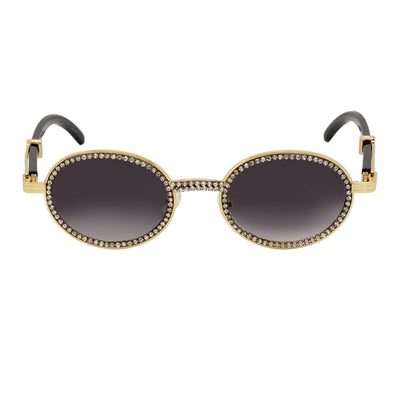 BLING ONE - Rhinestone Retro 90s Fashion Round Metal Oval Sunglasses Gold Smoke