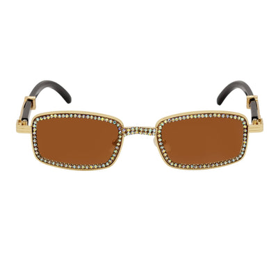 BLING TWO - Rhinestone Retro 90s Metal Rectangle Sunglasses Gold Amber