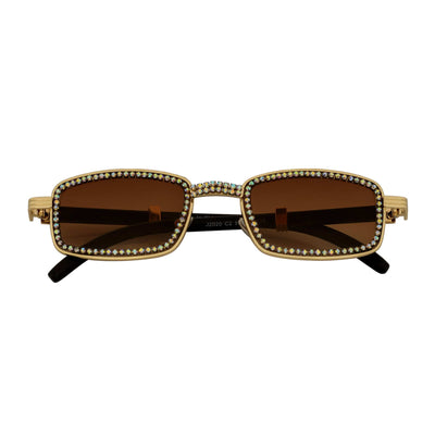 BLING TWO - Rhinestone Retro 90s Metal Rectangle Sunglasses Gold Amber