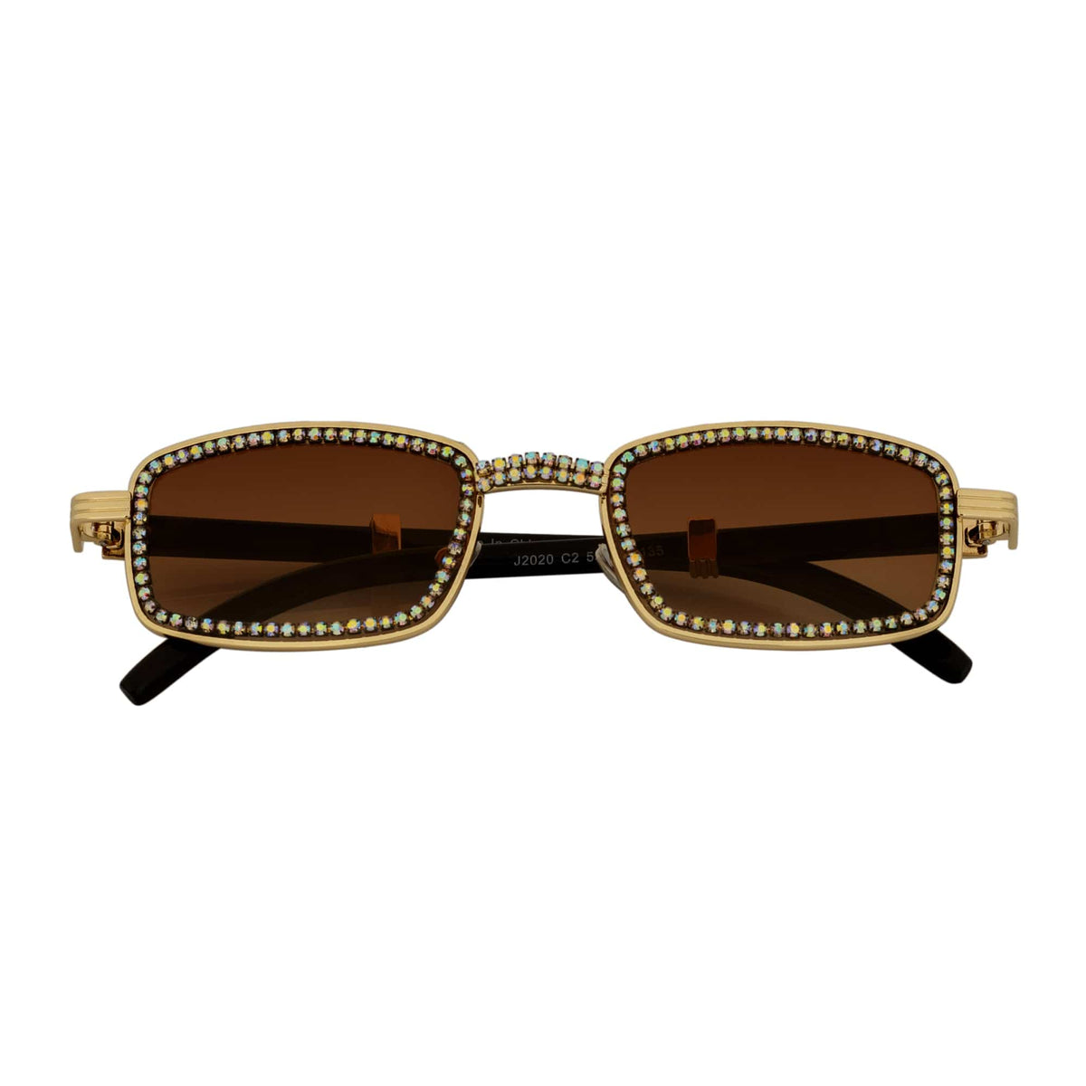 BLING TWO - Rhinestone Retro 90s Metal Rectangle Sunglasses Gold Amber