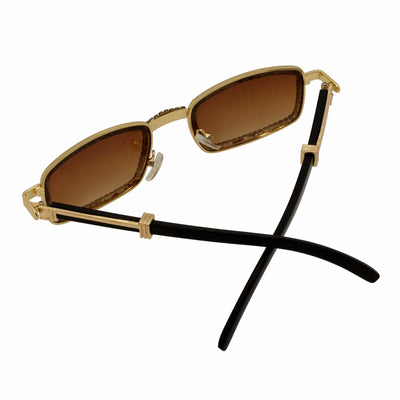 BLING TWO - Rhinestone Retro 90s Metal Rectangle Sunglasses Gold Amber