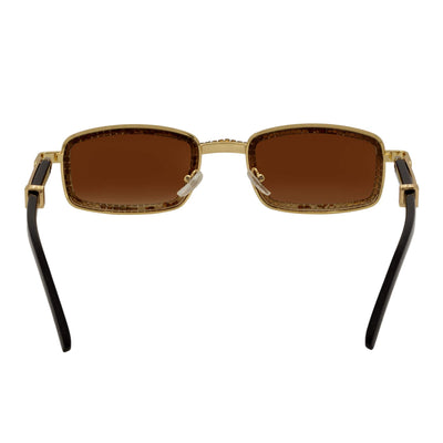 BLING TWO - Rhinestone Retro 90s Metal Rectangle Sunglasses Gold Amber