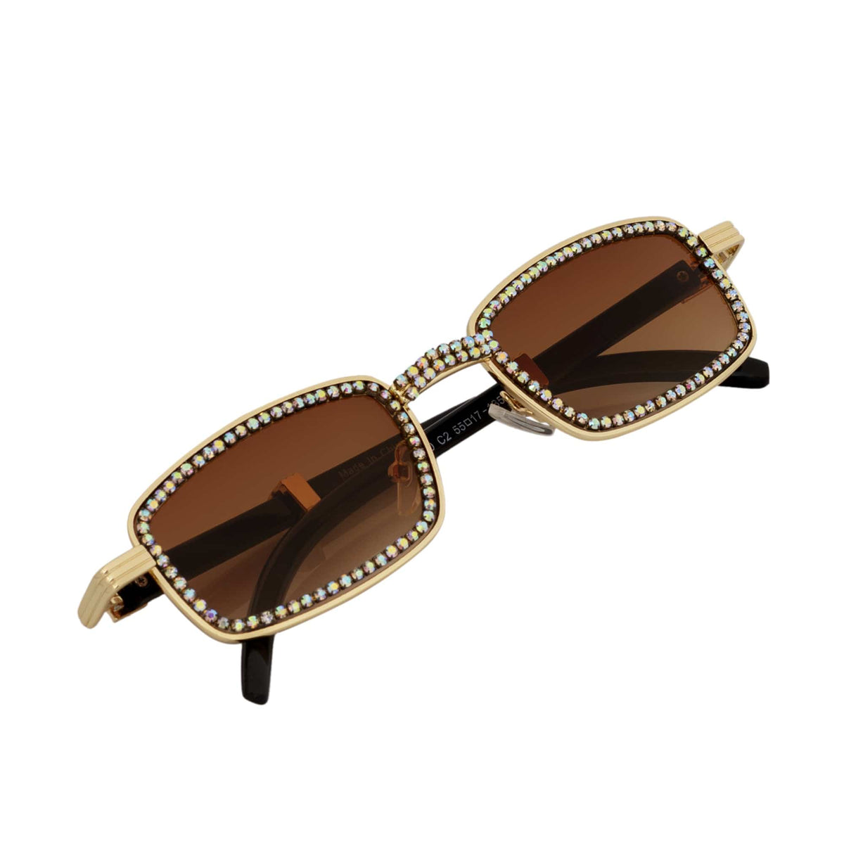 BLING TWO - Rhinestone Retro 90s Metal Rectangle Sunglasses Gold Amber