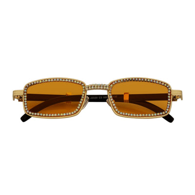 BLING TWO - Rhinestone Retro 90s Metal Rectangle Sunglasses Gold Orange Lens