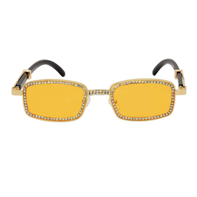 BLING TWO - Rhinestone Retro 90s Metal Rectangle Sunglasses Gold Orange Lens