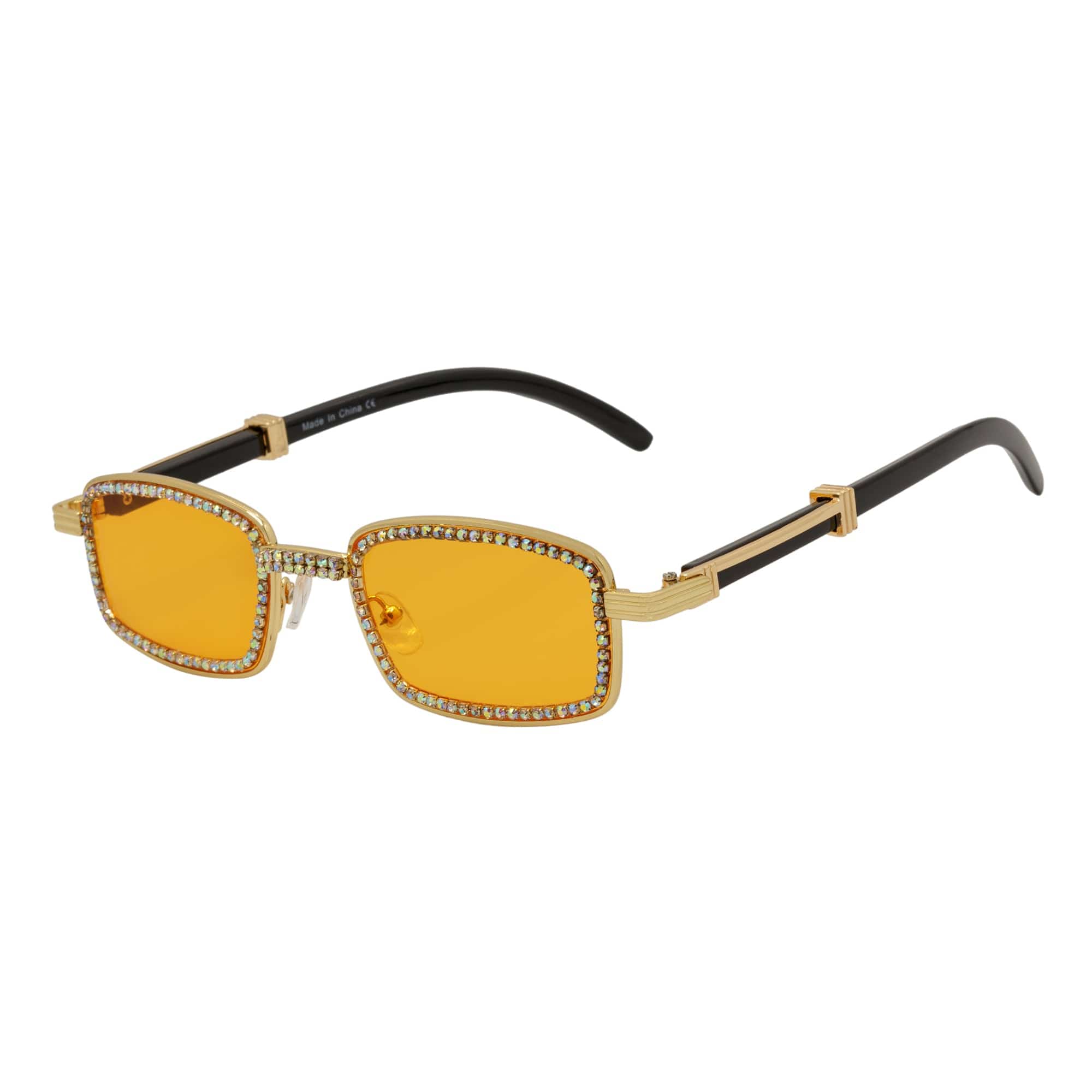 BLING TWO - Rhinestone Retro 90s Metal Rectangle Sunglasses Gold Orange Lens