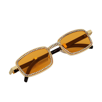 BLING TWO - Rhinestone Retro 90s Metal Rectangle Sunglasses Gold Orange Lens
