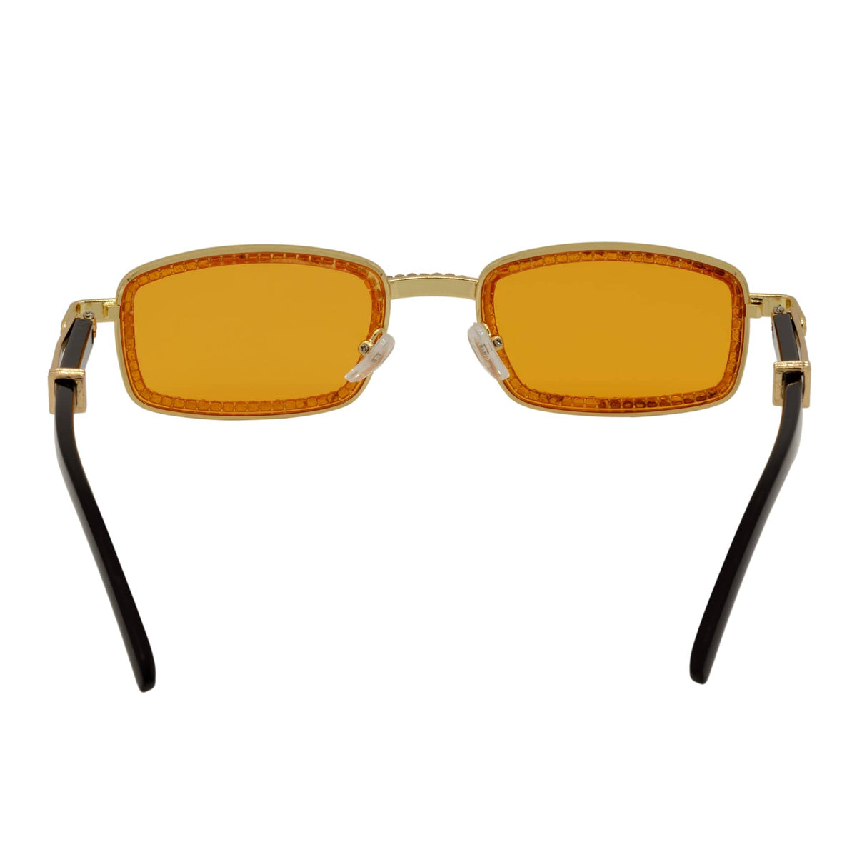 BLING TWO - Rhinestone Retro 90s Metal Rectangle Sunglasses Gold Orange Lens