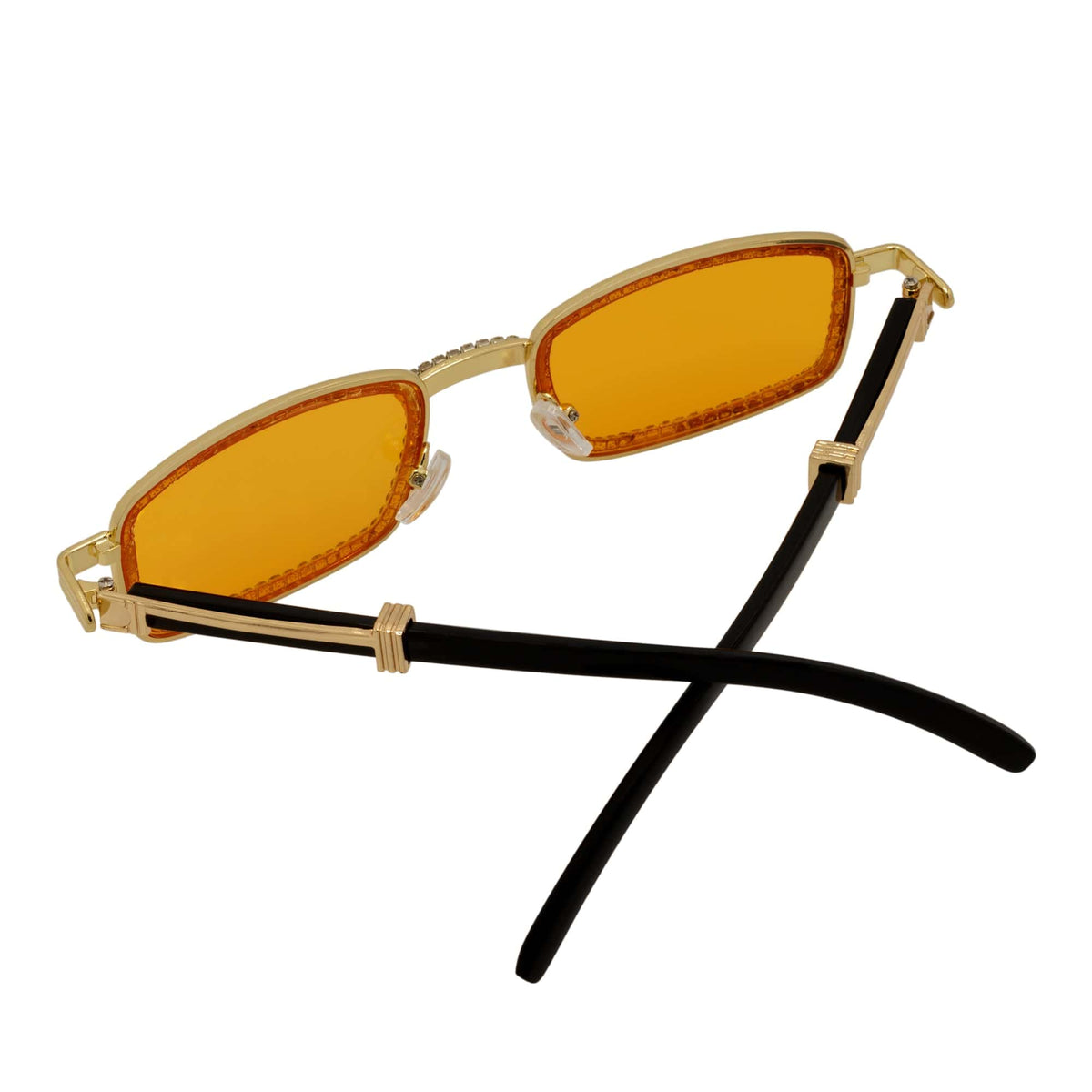 BLING TWO - Rhinestone Retro 90s Metal Rectangle Sunglasses Gold Orange Lens
