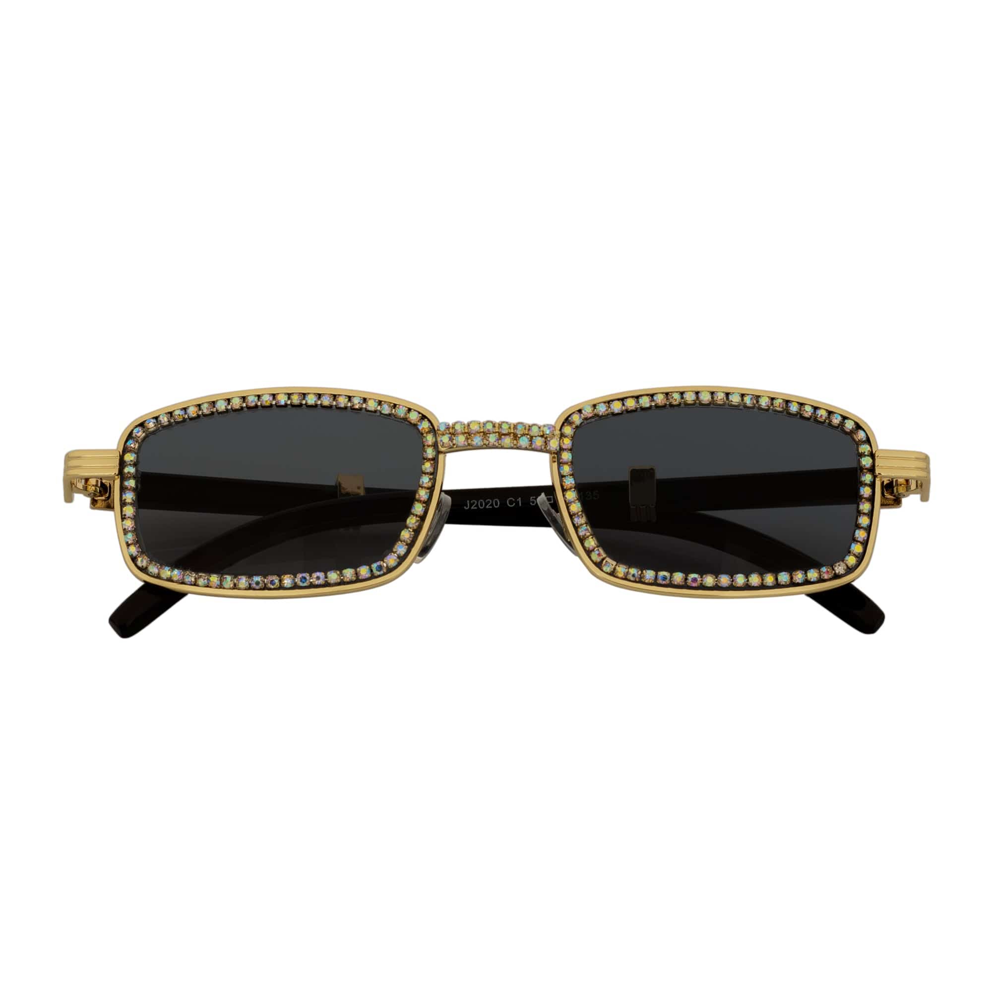 BLING TWO - Rhinestone Retro 90s Metal Rectangle Sunglasses Gold Smoke