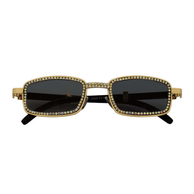BLING TWO - Rhinestone Retro 90s Metal Rectangle Sunglasses Gold Smoke