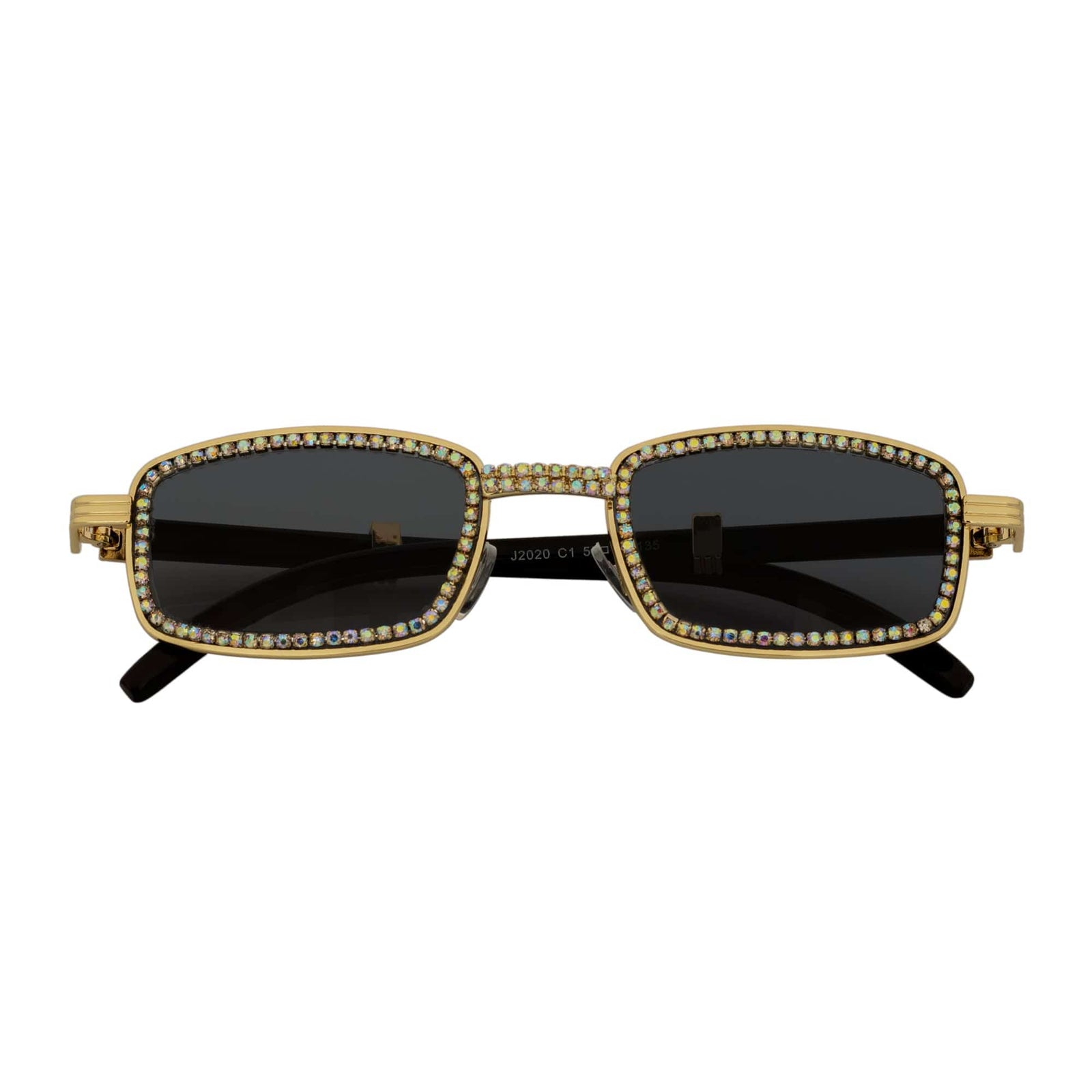 BLING TWO - Rhinestone Retro 90s Metal Rectangle Sunglasses Gold Smoke