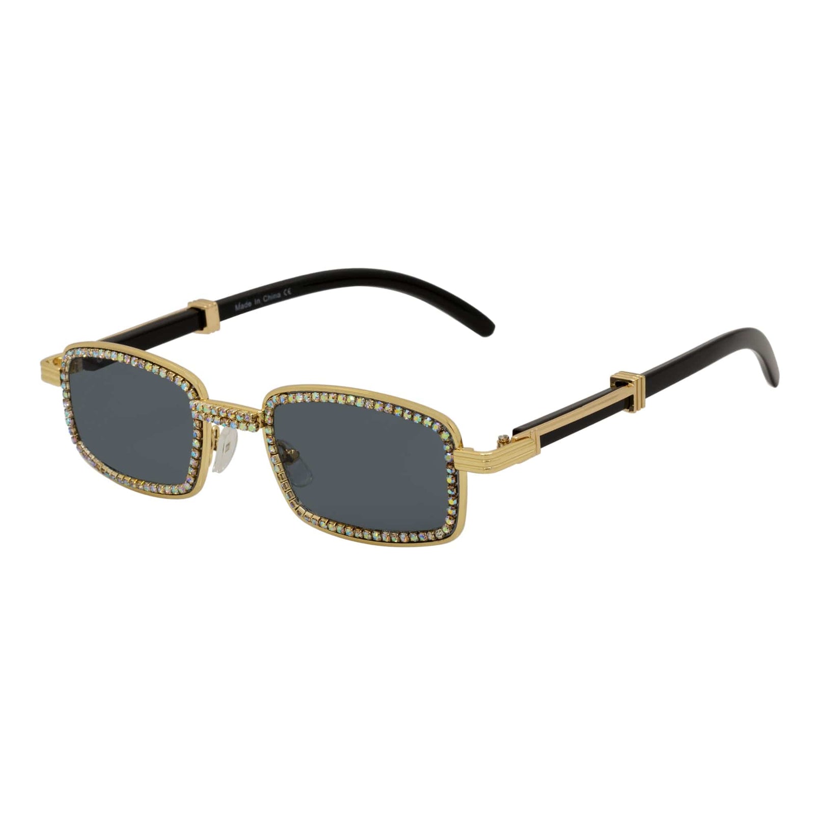 BLING TWO - Rhinestone Retro 90s Metal Rectangle Sunglasses Gold Smoke