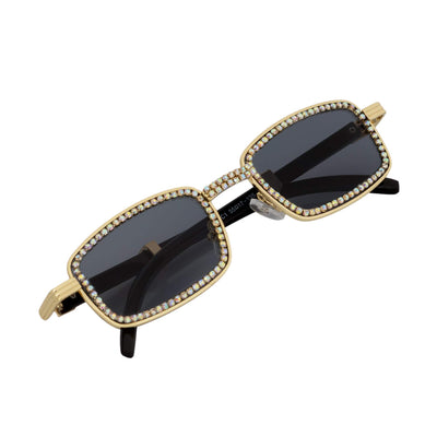 BLING TWO - Rhinestone Retro 90s Metal Rectangle Sunglasses Gold Smoke