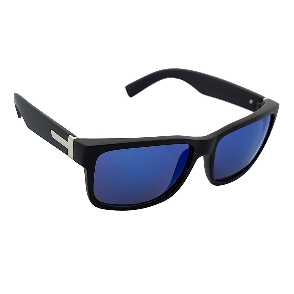 ENZO - Modern Sports Thick Square Sunglasses Matte Black Blue Mirror