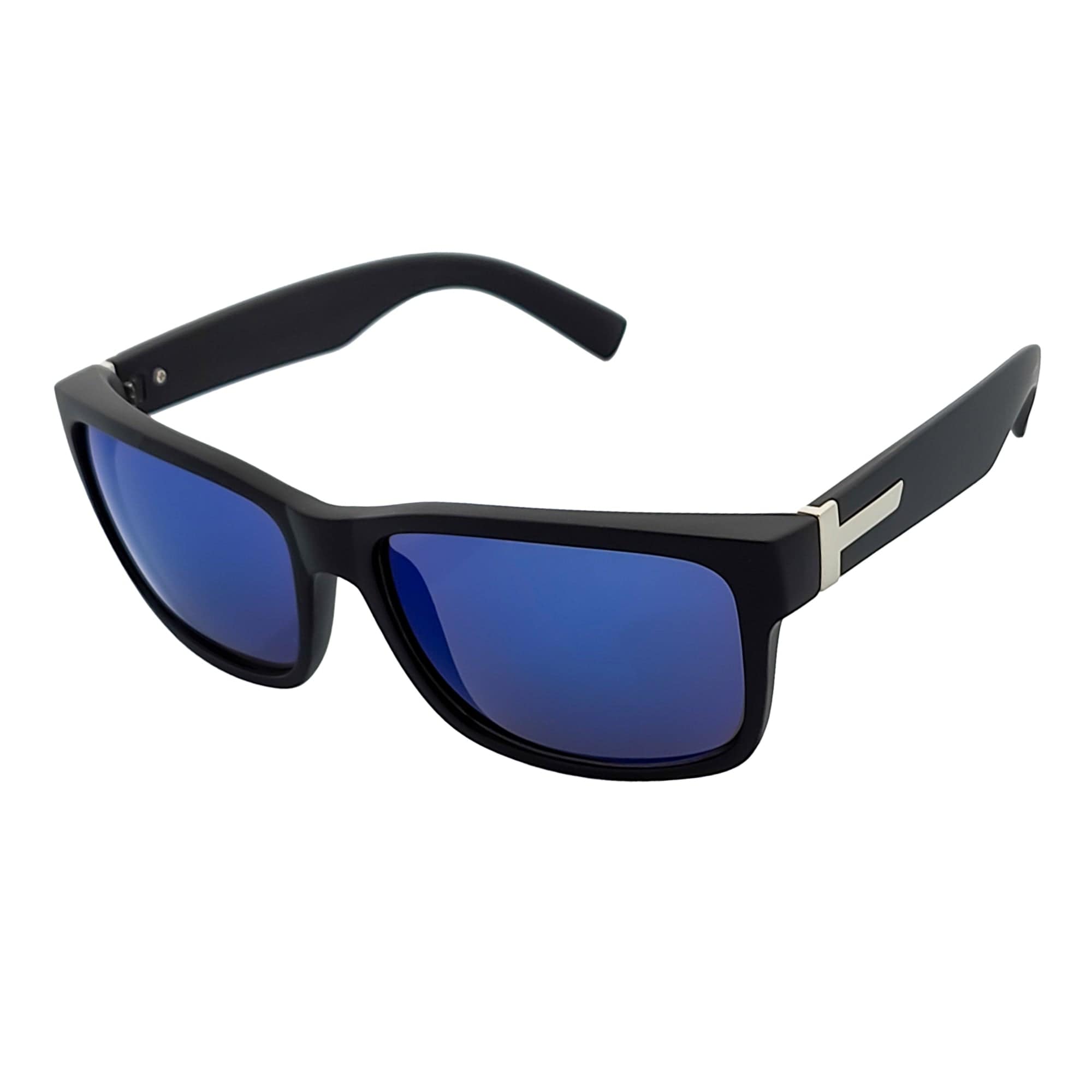 ENZO - Modern Sports Thick Square Sunglasses Matte Black Blue Mirror