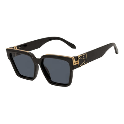 GUAP - High Fashion Metal Accent Square Sunglasses Gloss Black - Gold Smoke Tint