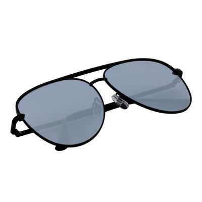 KEY - Oversize Large Flat Lens Metal Aviator Sunglasses Black Silver Mirror