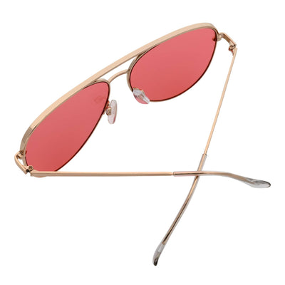 KEY - Oversize Large Flat Lens Metal Aviator Sunglasses Gold Pink Tint