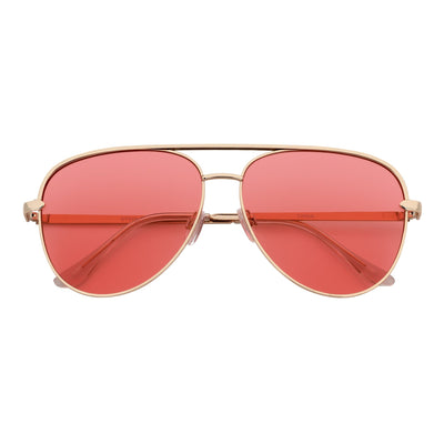 KEY - Oversize Large Flat Lens Metal Aviator Sunglasses Gold Pink Tint