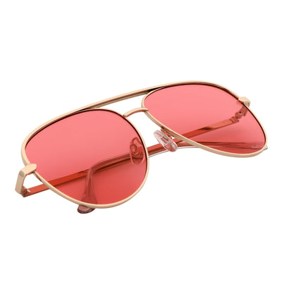 KEY - Oversize Large Flat Lens Metal Aviator Sunglasses Gold Pink Tint