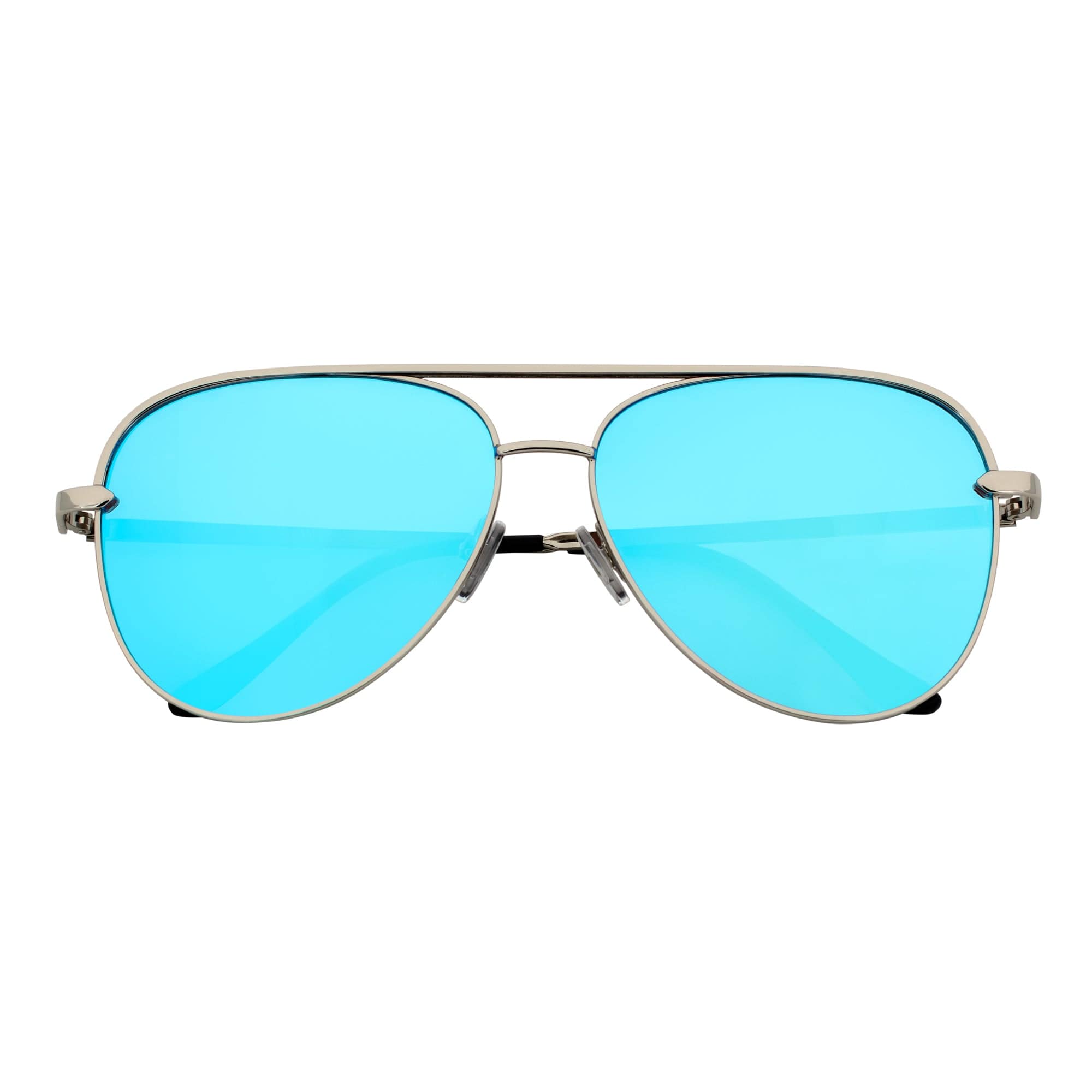 KEY - Oversize Large Flat Lens Metal Aviator Sunglasses Silver Ice Blue Mirror
