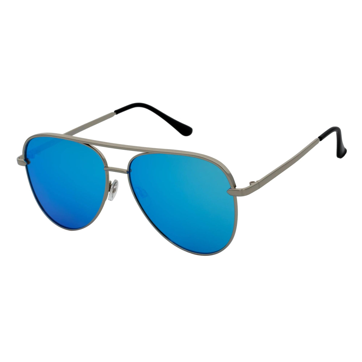 KEY - Oversize Large Flat Lens Metal Aviator Sunglasses Silver Ice Blue Mirror