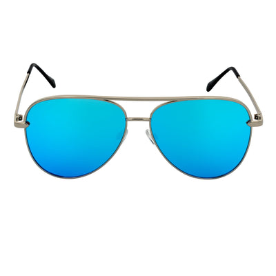 KEY - Oversize Large Flat Lens Metal Aviator Sunglasses Silver Ice Blue Mirror