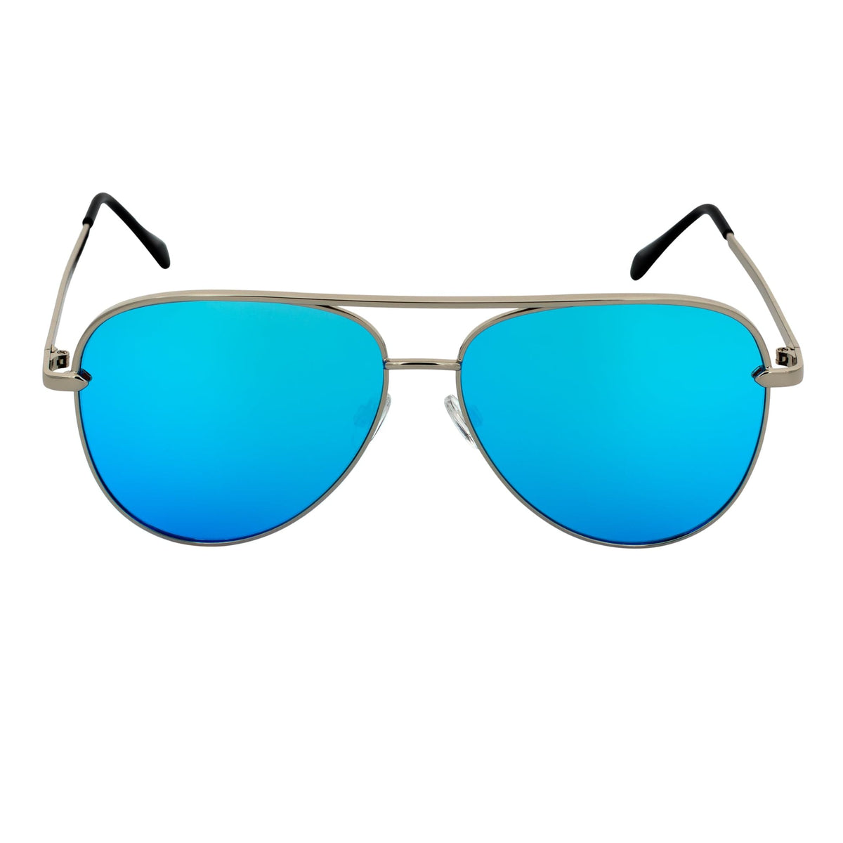 KEY - Oversize Large Flat Lens Metal Aviator Sunglasses Silver Ice Blue Mirror