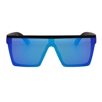 LAZER - Modern Flat Top Rectangle Sunglasses Soft Matte Black Blue Mirror - MorspecsM1037-4