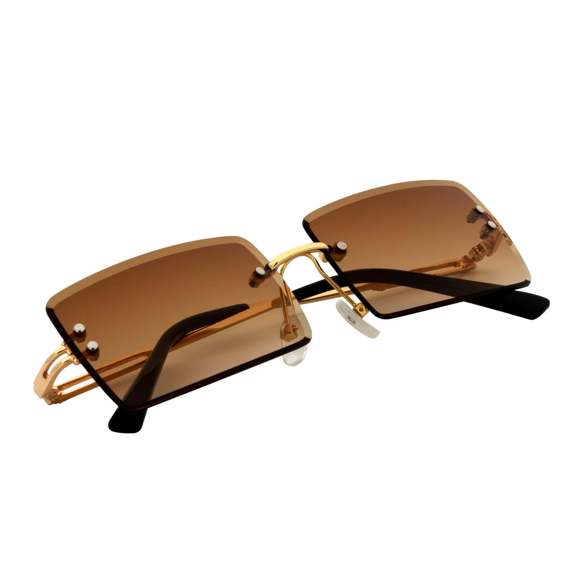 PREMIERE - Luxury 90s Small Metal Rimless Rectangle Sunglasses Gold Amber