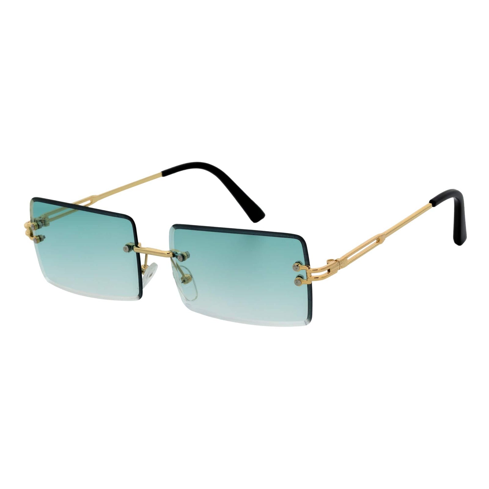 PREMIERE - Luxury 90s Small Metal Rimless Rectangle Sunglasses Gold Green Tint