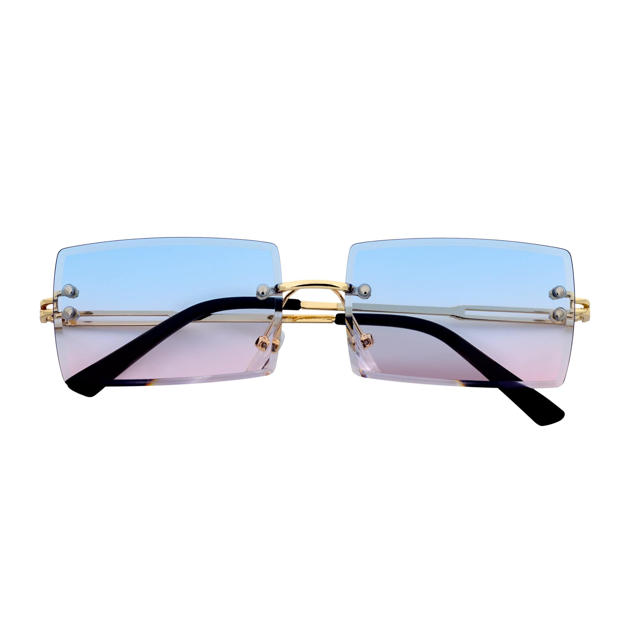 Morspecs Sunglasses PREMIERE - Luxury 90s Small Metal Rimless Rectangle Sunglasses Gold Pink-Blue Tint