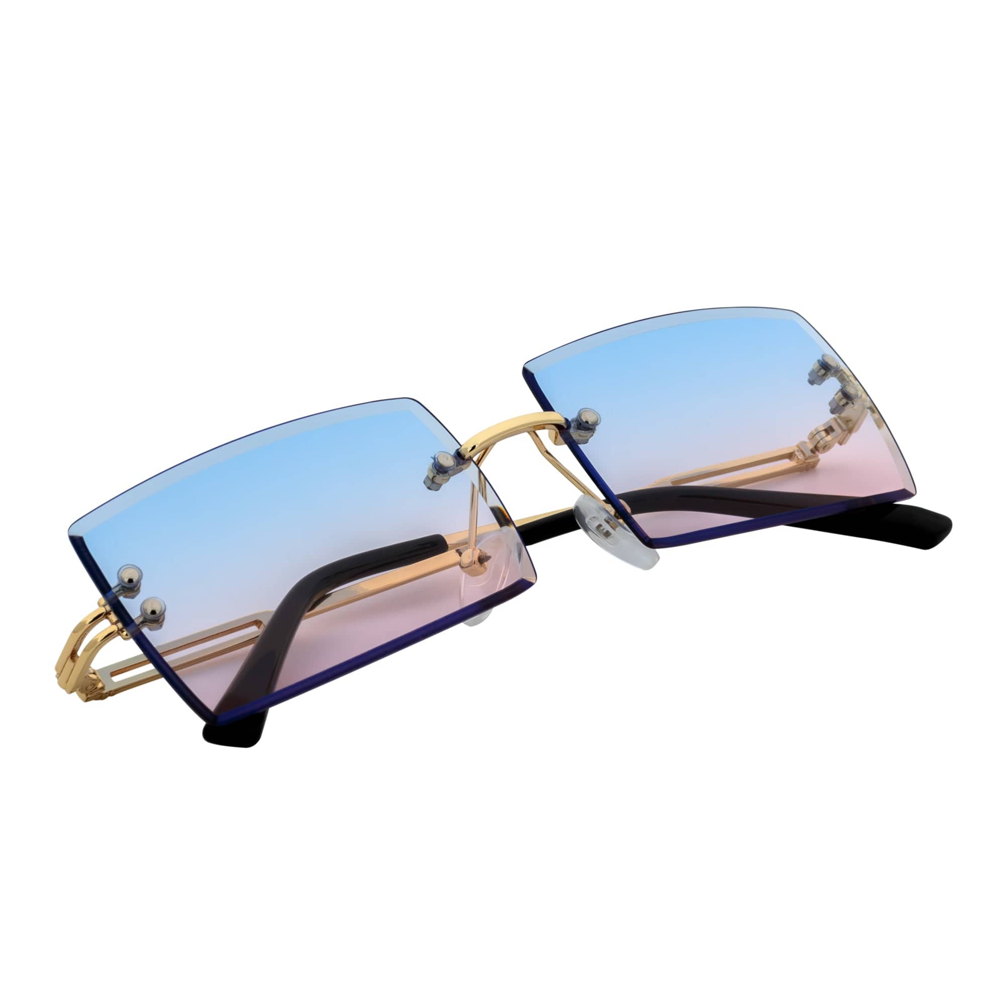 PREMIERE - Luxury 90s Small Metal Rimless Rectangle Sunglasses Gold Pink - Blue