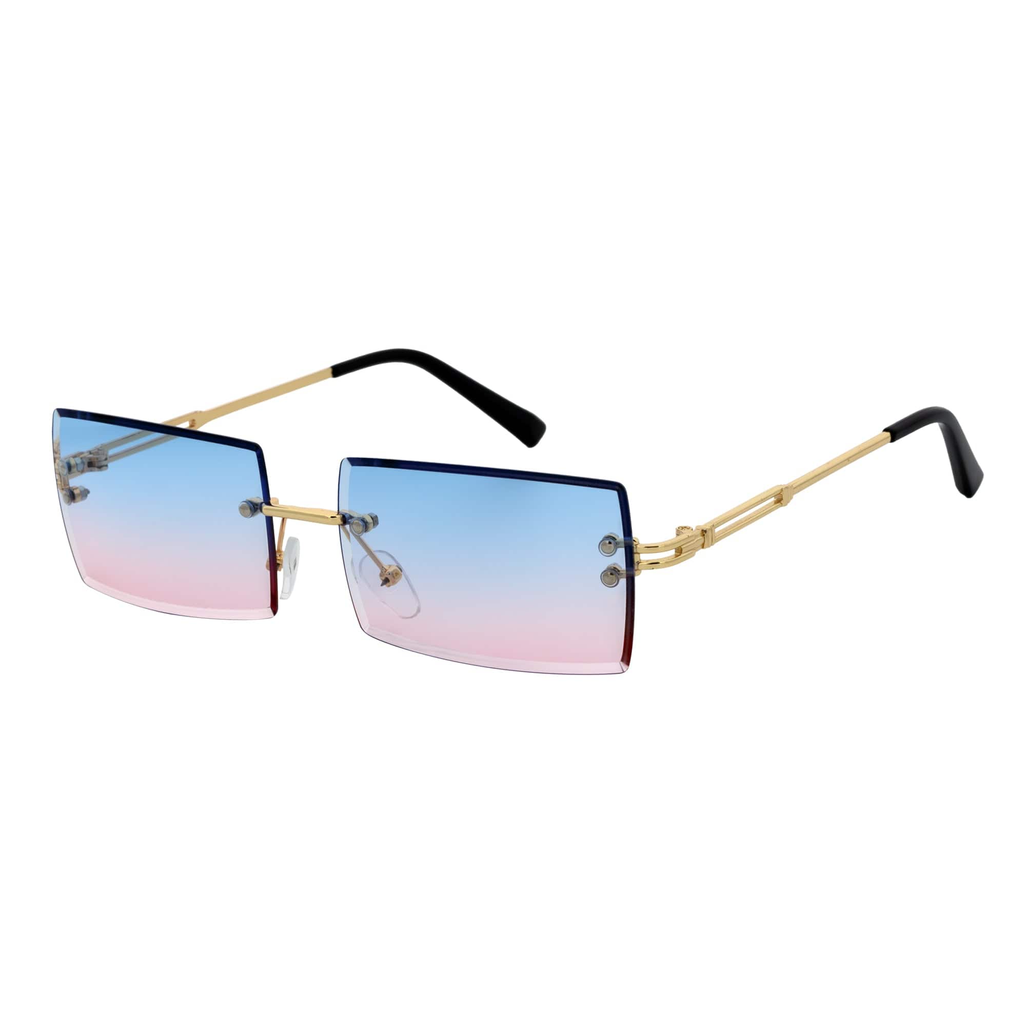 Morspecs Sunglasses PREMIERE - Luxury 90s Small Metal Rimless Rectangle Sunglasses Gold Pink-Blue Tint