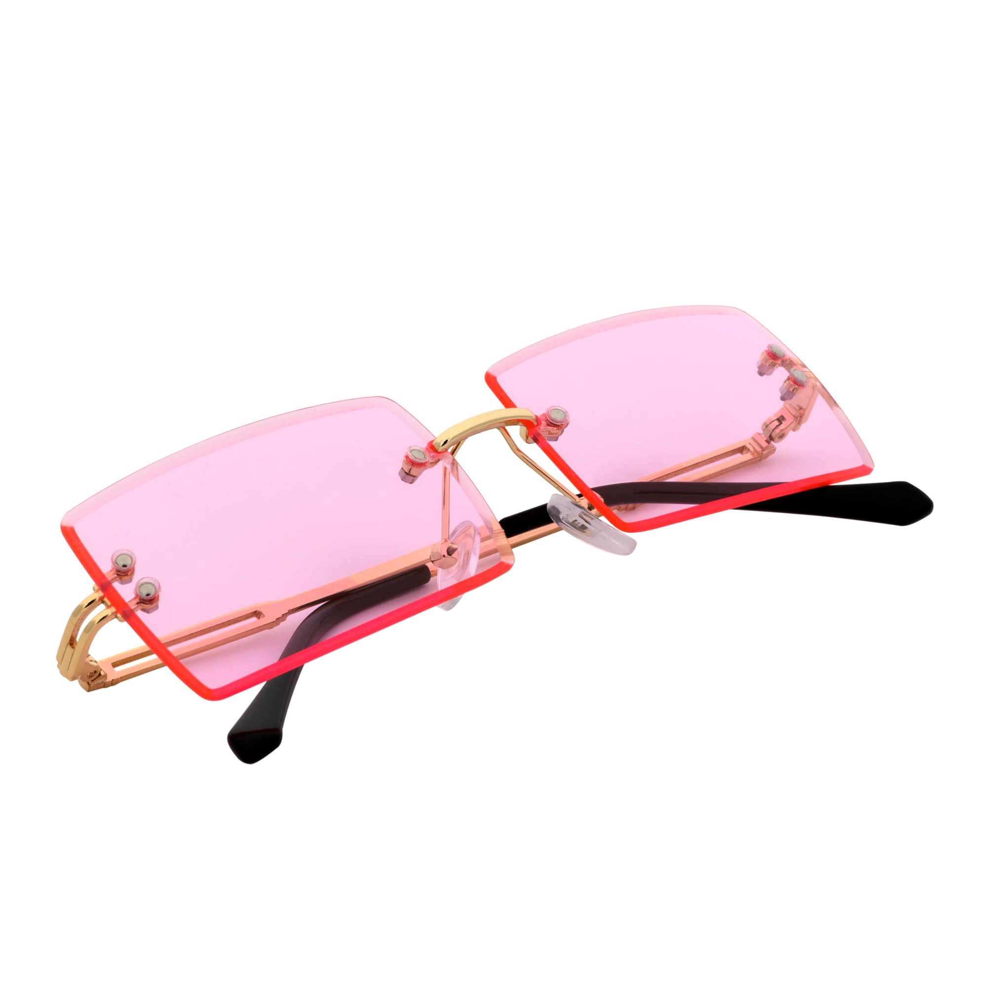 PREMIERE - Luxury 90s Small Metal Rimless Rectangle Sunglasses Gold Pink Tint