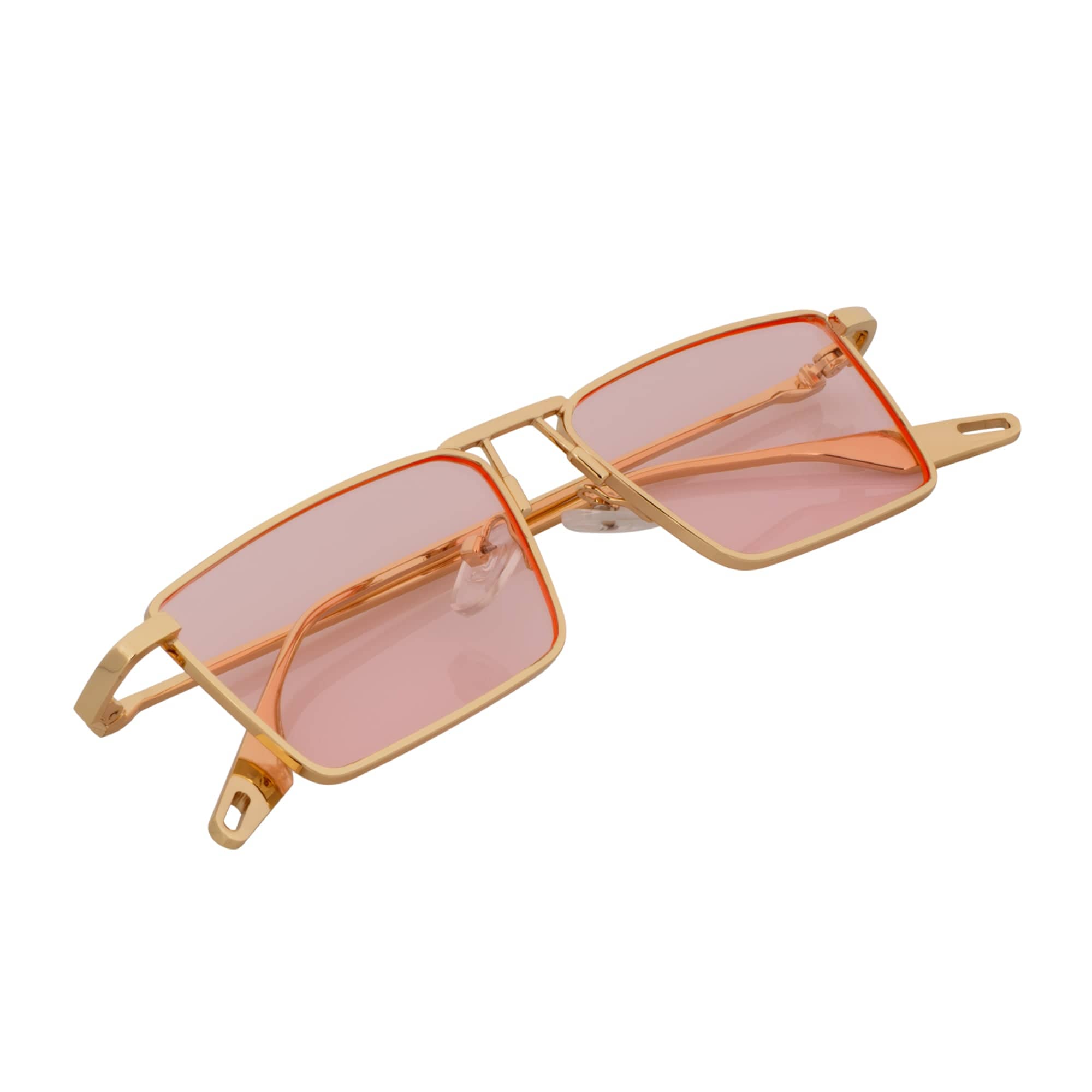 ZUIKO - Small Retro 90s Fashion Metal Rectangle Sunglasses Gold Pink Tint