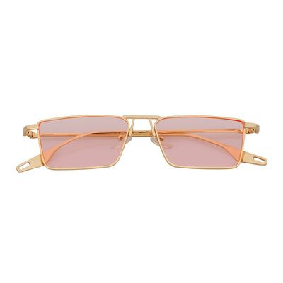 ZUIKO - Small Retro 90s Fashion Metal Rectangle Sunglasses Gold Pink Tint