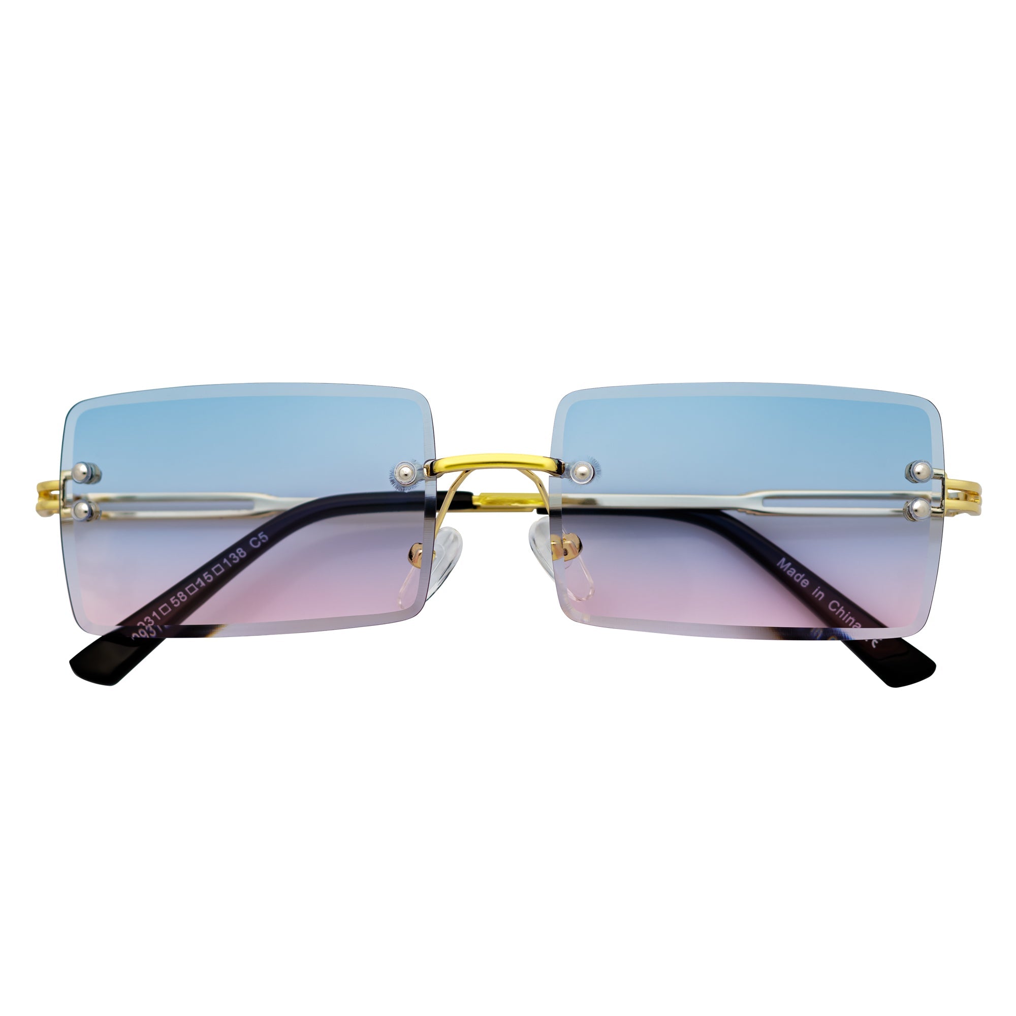 PREMIERE - Luxury 90s Small Metal Rimless Rectangle Sunglasses Gold Pink - Blue