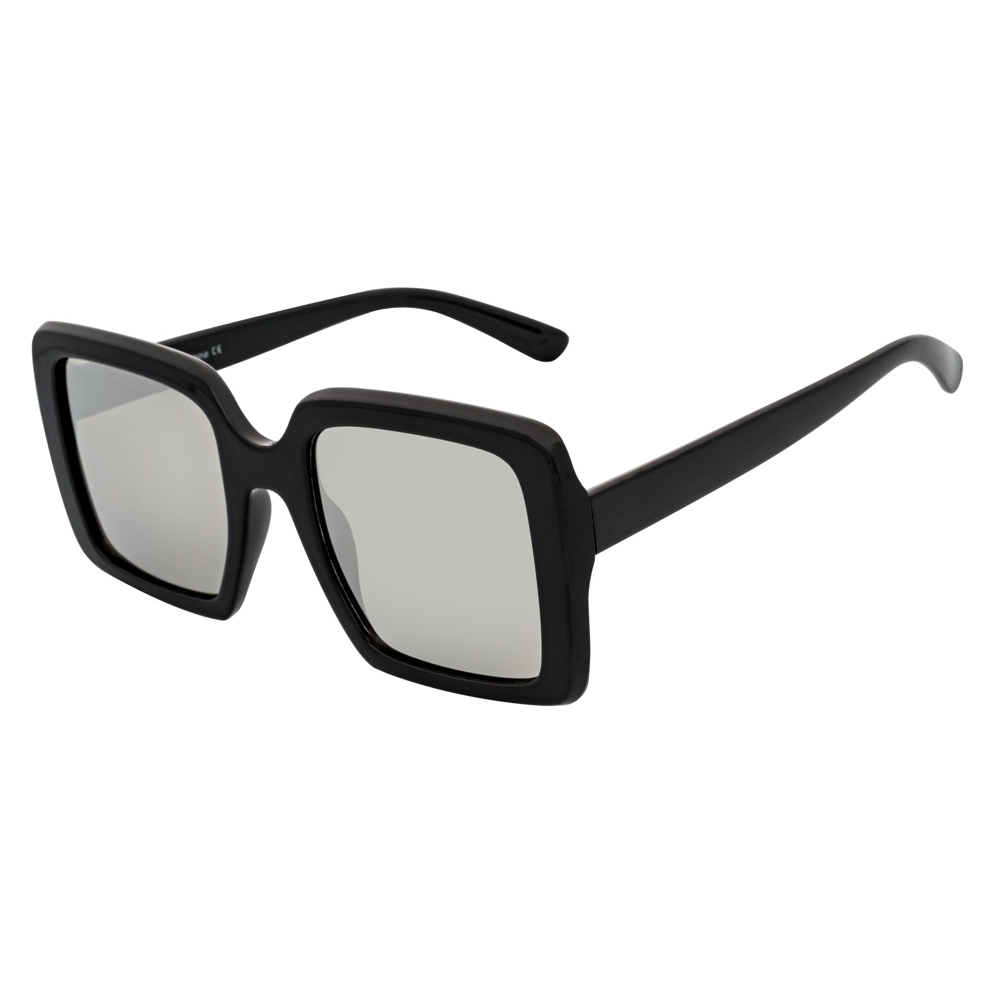 QUAD - Retro Modern Oversize Square Black Sunglasses Silver Mirror Lens