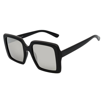QUAD - Retro Modern Oversize Square Black Sunglasses Silver Mirror Lens