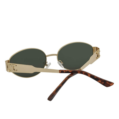 SELINE - Retro Small Metal Oval Round Sunglasses Gold Green Tint