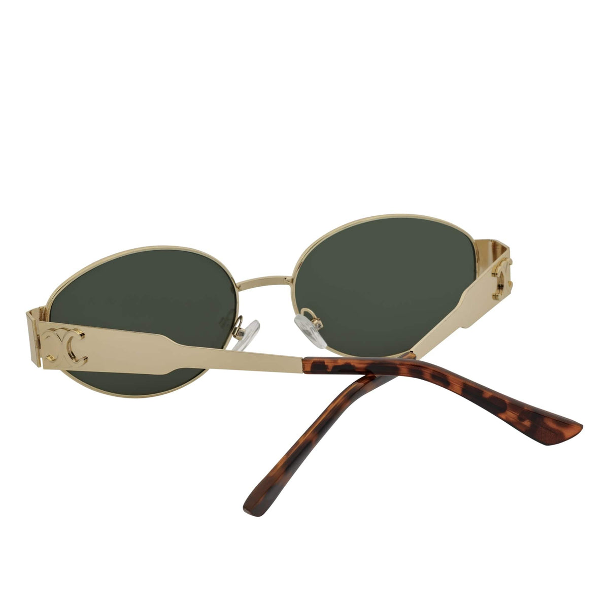 SELINE - Retro Small Metal Oval Round Sunglasses Gold Green Tint
