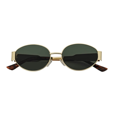 SELINE - Retro Small Metal Oval Round Sunglasses Gold Green Tint