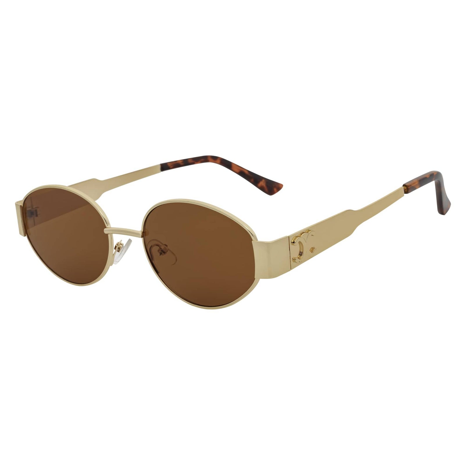 SELINE - Retro Small Metal Round Oval Sunglasses Gold Brown Tint - MorspecsM1093-1