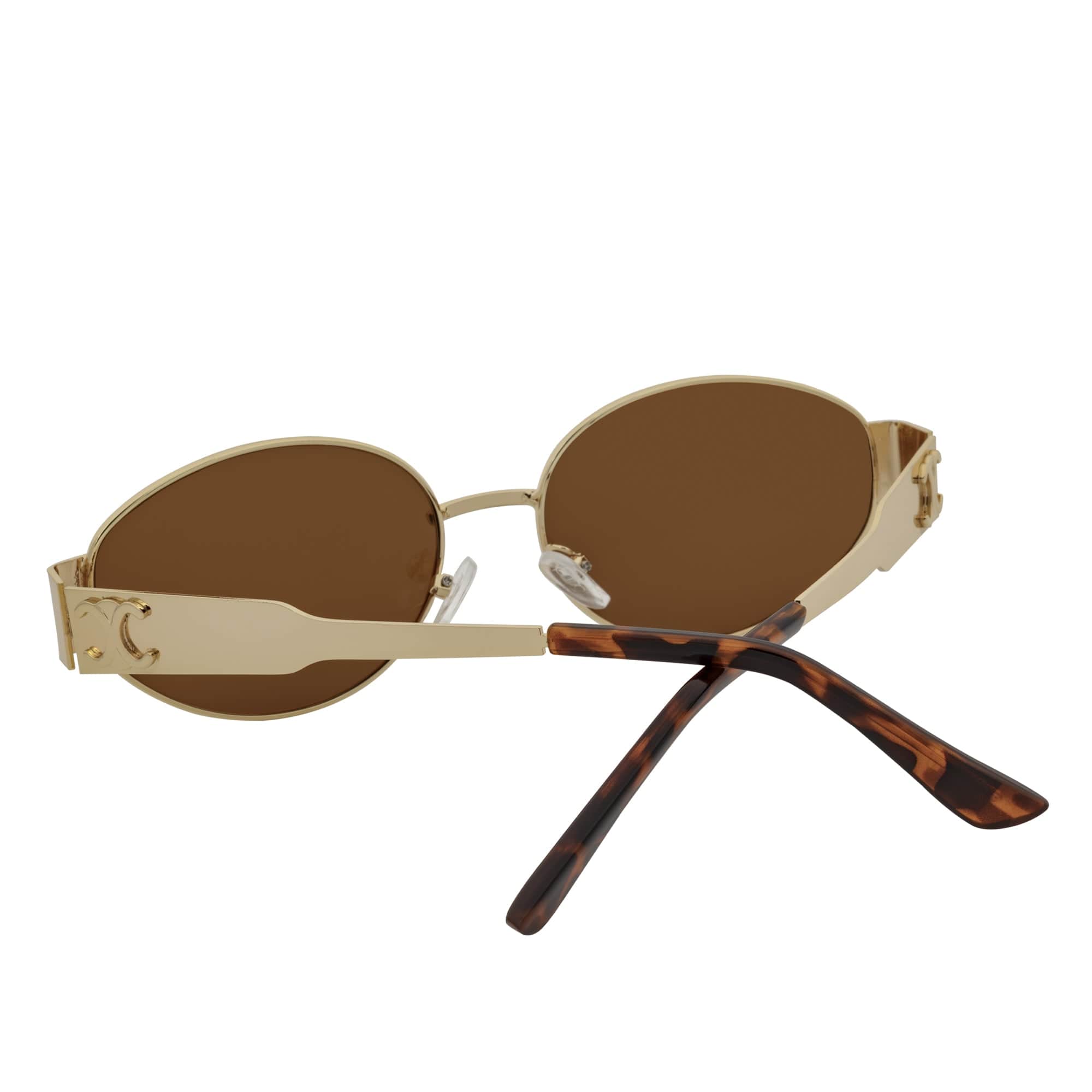 SELINE - Retro Small Metal Round Oval Sunglasses Gold Brown Tint