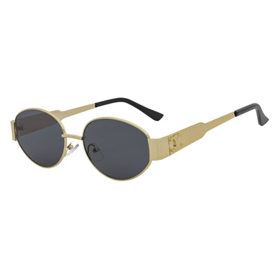 SELINE - Retro Small Metal Round Oval Sunglasses Gold Smoke Tint