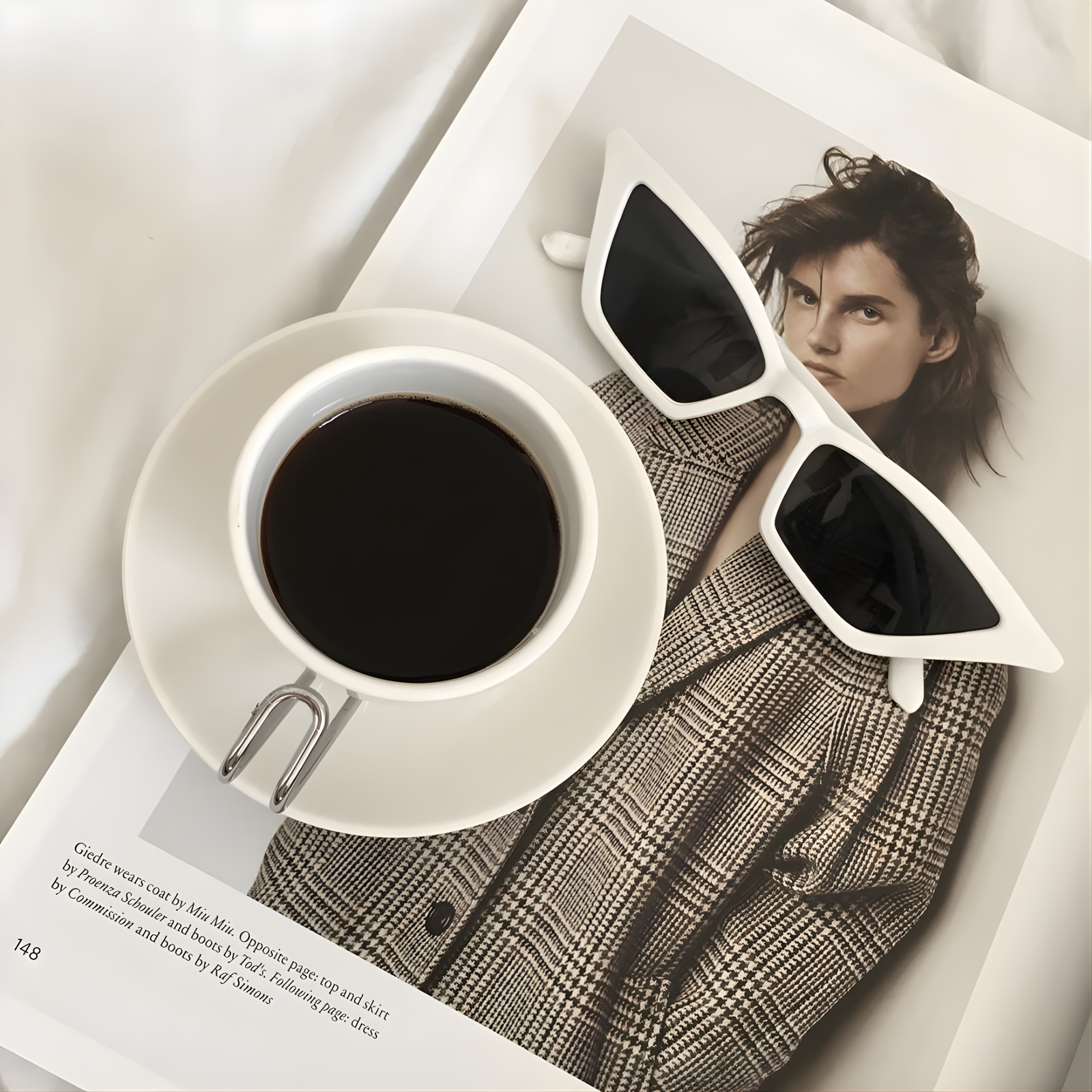 Cup of coffee on a saucer with sunglasses and a patterned garment on an open magazine.