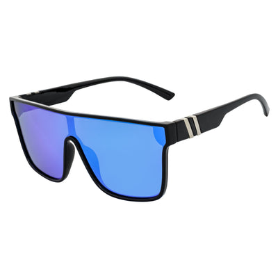 SYFY - Futuristic Square Flat Top Shield Sunglasses Black Green - Blue Mirror