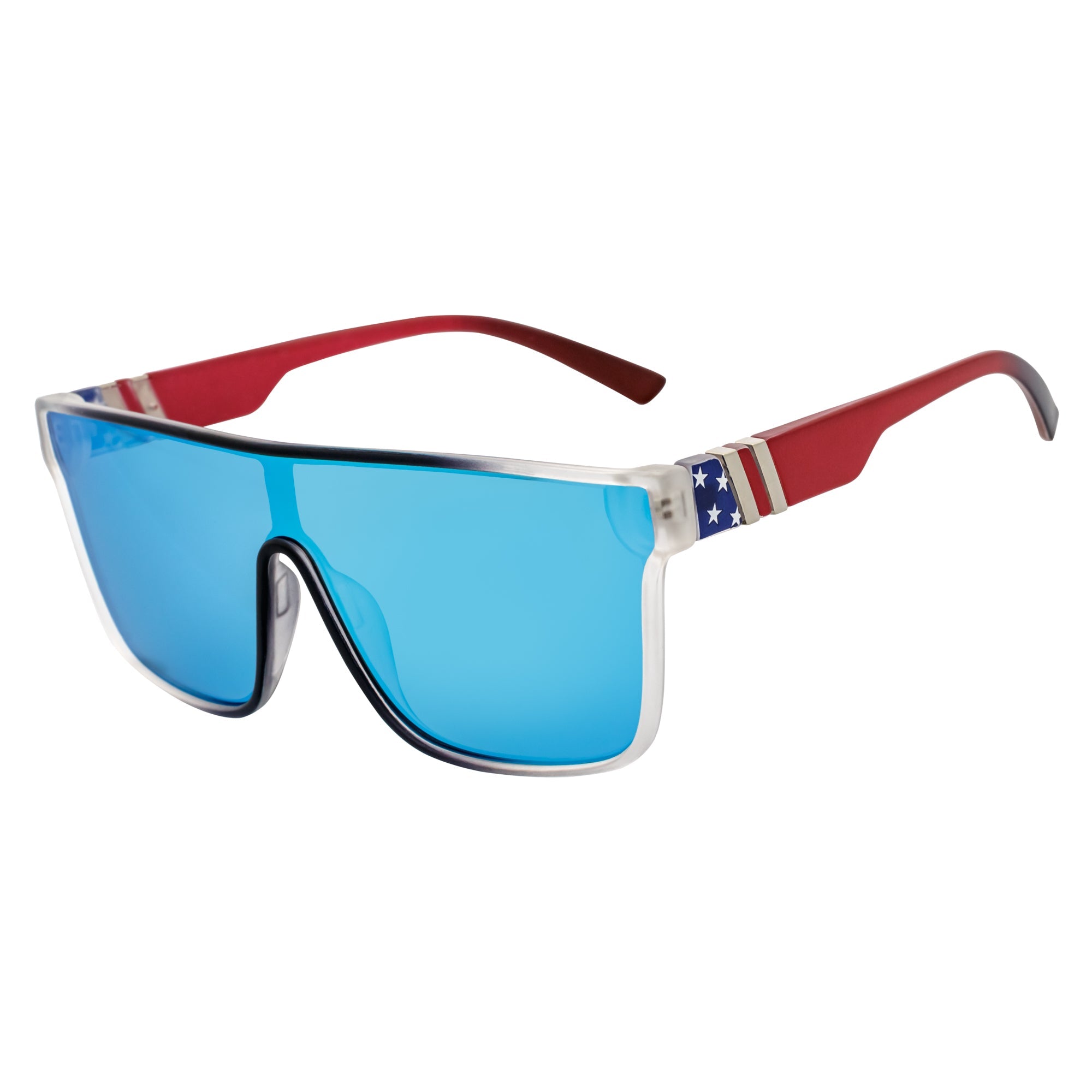 SYFY - Futuristic Square Flat Top Shield Sunglasses USA Flag Blue Mirror